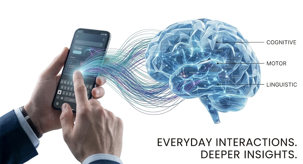 Hand using a smartphone, with cognitive, motor and linguistic signal lines flowing into a brain graphic